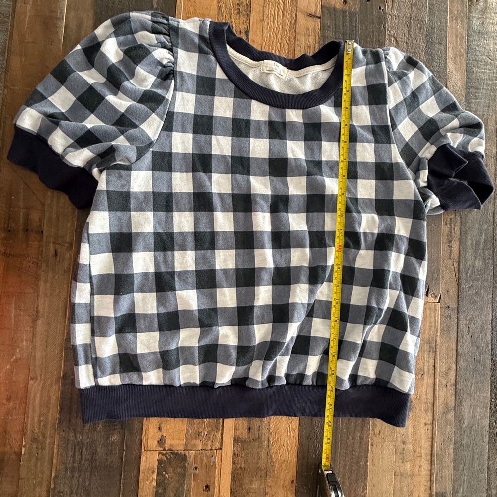 Anthropologie blue checked shirt with puff sleeves